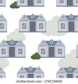 Casa de campo gris y sin mangas, con una puerta y una superestructura en el techo y con arbusto. Ilustración vectorial plana para fondo, fondo de pantalla, papel envolvente.