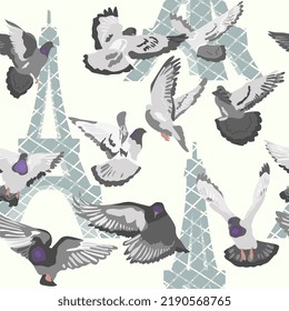 Seamless pattern with gray doves in Paris Flying birds and silhouettes of Eiffel tower in grey colours Vector illustration in flat style for wrapping paper, textile, fabric and packaging decoration