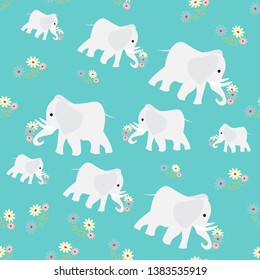 Seamless pattern of gray elephants with flowers, print background, baby fabrics