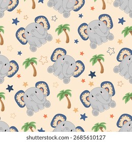 Seamless pattern with gray elephants, palm trees, and colorful stars on a light background. Perfect for children's products: textiles, packaging, wallpaper, stationery, and decor.
