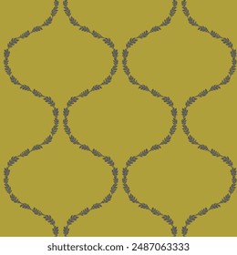 Seamless pattern with gray floral ogee geometrical motifs on a gold background. Minimalist classic abstract repeat wallpaper.