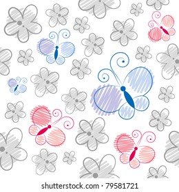 seamless pattern with gray flowers and cartoon butterflies