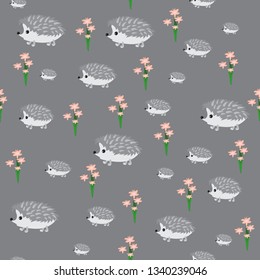 Seamless pattern of gray fun big and small toy hedgehogs for baby cloth printing