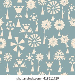 Seamless pattern with gray geometric flower icons in silhouette isolated on blue background. Cute mosaic design in bright colors for stickers, labels, tags, gift wrapping paper.