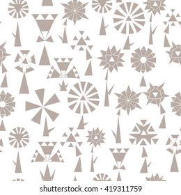 Seamless pattern with gray geometric flower icons in silhouette isolated on white background. Cute mosaic design in bright colors for stickers, labels, tags, gift wrapping paper.