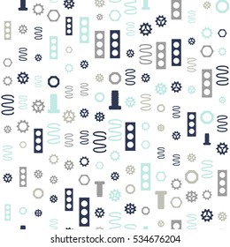 Seamless pattern with gray and green mechanical elements on a white background. Clockwork.