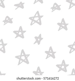 Seamless pattern with gray hand drawn stars on white background. Sky background. Cute pastel wrapping paper. Vector illustration.