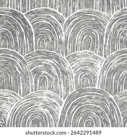 Padrão contínuo de cinza, desenhado à mão, arcos semicirculares em tecido de linho padrão de impressão, algodão, seda, ilustração vetorial, verão doodle, crianças e desenhos de bebê para tecido de impressão.