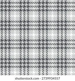 Seamless pattern gray houndstooth plaid check, woven tweed texture background, classic fashion textile for coat, scarf, suit, winter fabric print, retro gingham grid, repeat tile vector grayscale mood