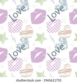Seamless pattern. Pattern with a gray inscription "Love", hearts, lips, stars, thunderstorm lightning.