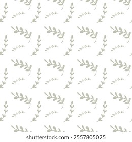 Seamless pattern of gray leafy branches on white background.