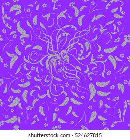 Seamless pattern with gray leaves and abstract swirls  on a purple background. Can be used as a background, decor, decoupage, textile, invitation.
