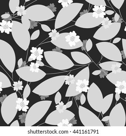 Seamless pattern with gray leaves and flowers on dark background