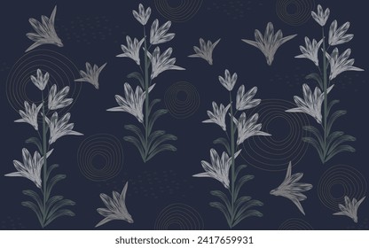 Seamless pattern with gray lilies and gold decoration on dark background. Vector illustration for cover, wallpaper, textile design