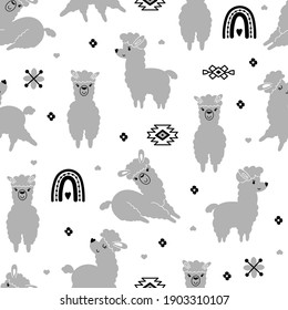 Seamless pattern with gray llamas and ethnic elements on a white background. Cute kids monochrome illustration. Great for nursery, fabric, textile.