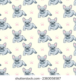 Seamless pattern of gray lying French bulldog babies on a light background with paw prints
