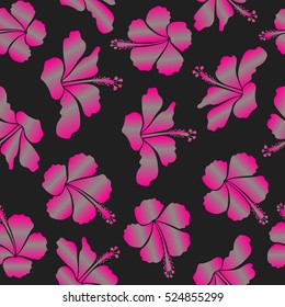 Seamless pattern of gray and magenta hibiscus floral background. Vector sketch of many gray and magenta flowers. Hand drawn seamless flower illustration.