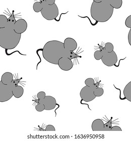 Seamless pattern with gray mouses on white background. Illustration of rats Chinese new year vector pattern