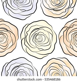 Seamless pattern with gray, neutral and beige roses. Vintage pattern with indian batik style rose flowers. Floral vector background.