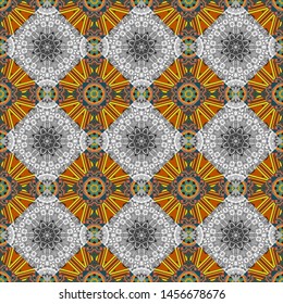 Seamless pattern in gray, orange and brown colors. Vector abstract home decorative ornament, containing from geometric figures and mandalas.