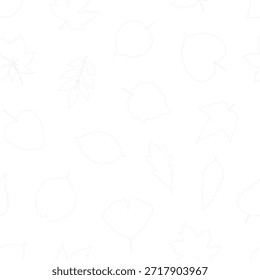 Patrón sin fisuras con hojas de contorno gris sobre fondo blanco - hoja de arce, tilo, álamo, ginkgo, y otros. Impresión para textiles, paquetes y libros para colorear. Ilustración vectorial, estilo de arte de línea
