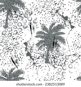 seamless pattern with gray palm trees, circles, spray and geometric elements