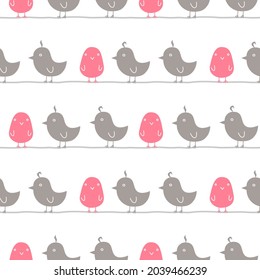 Patrón de pájaros grises y rosados sin foco. El vector es gracioso. Concepto simple de garabato natural. Aislado en blanco. Para impresión, textil, moda, accesorios, soportes, postales, fondo, paquete, envoltura.