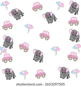 Patrón sin fisuras con elefantes grises, rosas y azules. Patrón sin fisuras con el elefante feliz del bebé. Gris, rosa, azul. Fondo púrpura