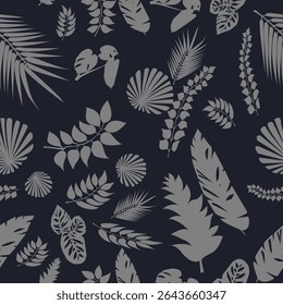 
Seamless pattern with gray prints of tropical leaves on a dark background. Vector illustration. for decorating your prints in a natural tropical style