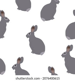 Seamless pattern with gray rabbits isolated on white background. Cute cartoon grey bunny decorating kids print. Drawn funny big hares baby wall paper repeat ornament, vector design eps 10