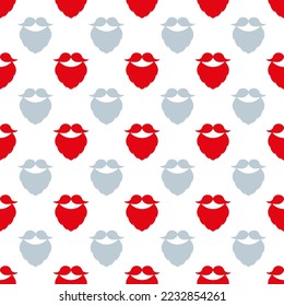 Seamless pattern with gray and red beards and mustaches on the white background. Merry Christmas vector illustration. Happy new year's design. Traditional winter holiday decoration. Festive backdrop.
