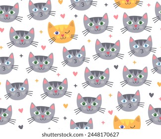 Seamless pattern with gray and red cats, hearts  and romantic love pictures. Wrapping paper, print, fabric, design for Valentine's Day. 