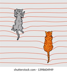 Сats seamless pattern. Gray and red slipping cats lie on the mattress. Top view.
