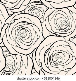 Seamless pattern with gray rose flowers silhouette, vector floral monochrome illustration in vintage style.