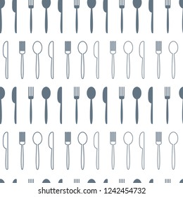 Seamless pattern with gray spoon, fork, knife isolated on white background, flat and outline design. Vector illustration