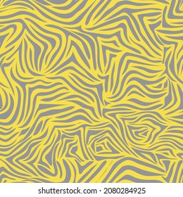 Seamless pattern with gray stripes on a yellow background. Trendy tiger or zebra print for modern fabrics, paper. Trendy colors of 2021. Vector.
