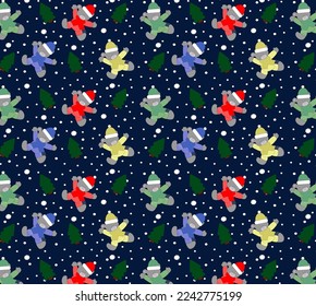 A seamless pattern with gray teddy bears and trees on dark blue background, vector illustration, eps 10
