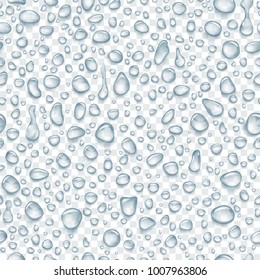 Seamless pattern of gray translucent water drops of different shapes with shadows, isolated on transparent background. Transparency only in vector format