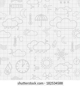 Seamless pattern of gray weather symbols on white checkered background