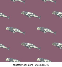 Seamless pattern with gray whale on violet background. Template of cartoon character of ocean for fabric.Repeated geometric texture with marine cetacean.Design for any purposes.Vector illustration