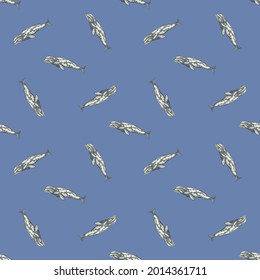 Seamless pattern with gray whale on light blue background. Template of cartoon character of ocean for fabric.Repeated random texture with marine cetacean.Design for any purposes.Vector illustration