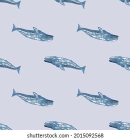 Seamless pattern gray whale on light background. Template of cartoon character of ocean for fabric.Repeated geometric inverted texture with marine cetacean.Design for any purposes.Vector illustration