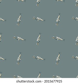 Seamless pattern with gray whale on green background.Template of cartoon character ocean for fabric.Repeated geometric upright texture with marine cetacean.Design for any purposes.Vector illustration