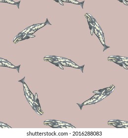 Seamless pattern with gray whale on pink background. Template of cartoon character of ocean for fabric.Repeated random texture with marine cetacean.Design for any purposes.Vector illustration