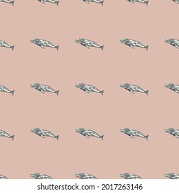 Seamless pattern with gray whale on pink background. Template of cartoon character of ocean for fabric.Repeated geometric texture with marine cetacean.Design for any purposes.Vector illustration