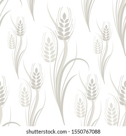 Seamless pattern with gray wheat spikelets on a white isolated background. Vector illustration.