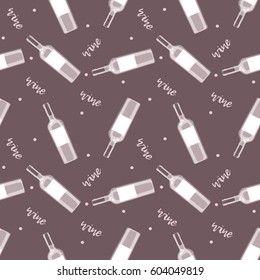 Seamless pattern with gray wine bottles in hand drawn style on dark gray background.