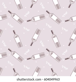 Seamless pattern with gray wine bottles in hand drawn style on light gray background.