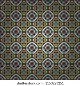 Seamless pattern in gray, yellow and blue colors. Raster background with tiles and rhombus. Raster geometrical seamless ornament.