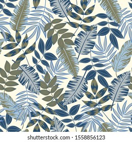 Seamless pattern in gray-blue color palette. Floral tropical background with exotic leaves, jungle leaf. Vector background for various surface. Jungle leaves. Botanical pattern.